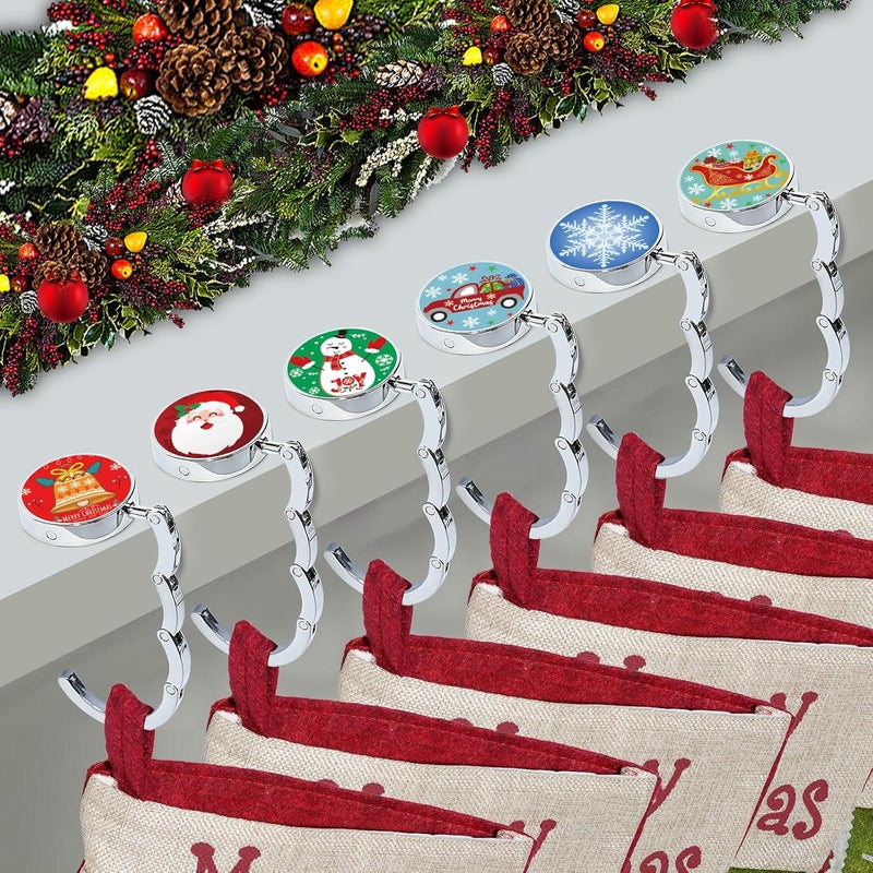BEAVOING EAVOING Christmas Stocking Holders for Mantle Set 6, Non-Slip & Foldable Mantle Hooks for Stockings Hangers Xmas Mixed Pattern for Fireplace Christmas Decor Party Decoration - Image 1